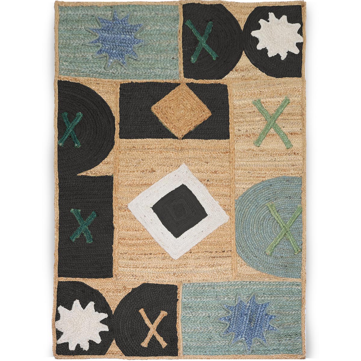 Designer Jute Rug Featuring Black Abstract Diamond for Living Room Farmhouse