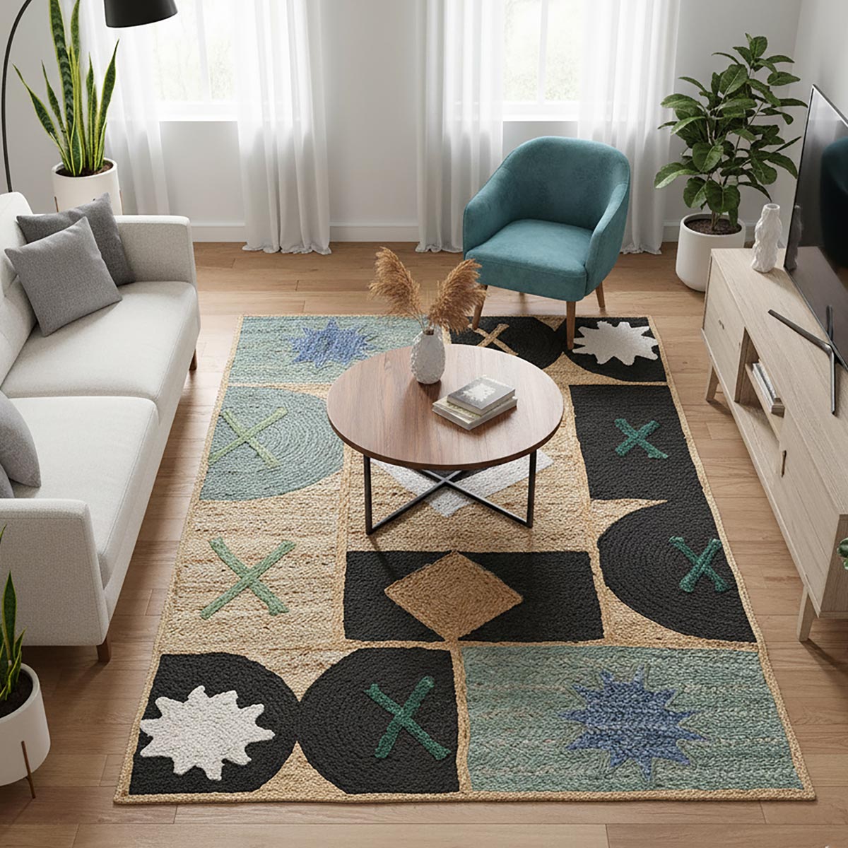 Designer Jute Rug Featuring Black Abstract Diamond for Living Room Farmhouse - Image 2