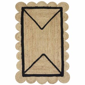 Natural Jute Black Geometric Scalloped Border Rug
