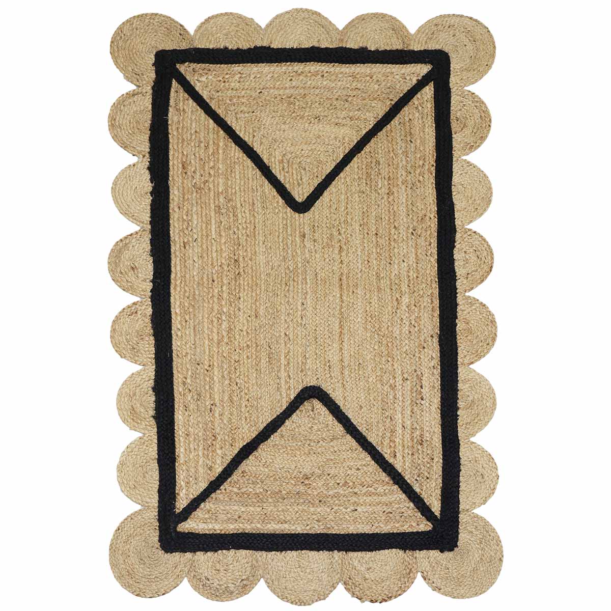 Natural Jute Black Geometric Scalloped Border Rug