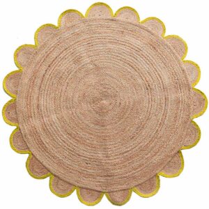 Scalloped Yellow Hand Braided Round Jute Rug