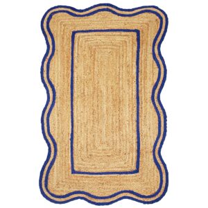 Scalloped Handwoven Blue Jute Rug Rustic Farmhouse Style Area Rug for Living Spaces