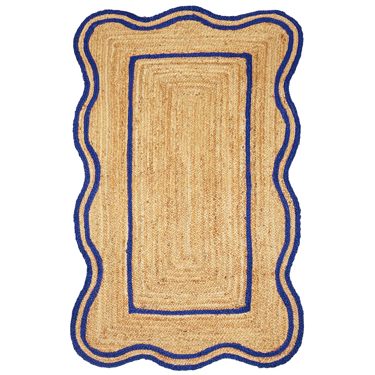 Scalloped Handwoven Blue Jute Rug Rustic Farmhouse Style Area Rug for Living Spaces