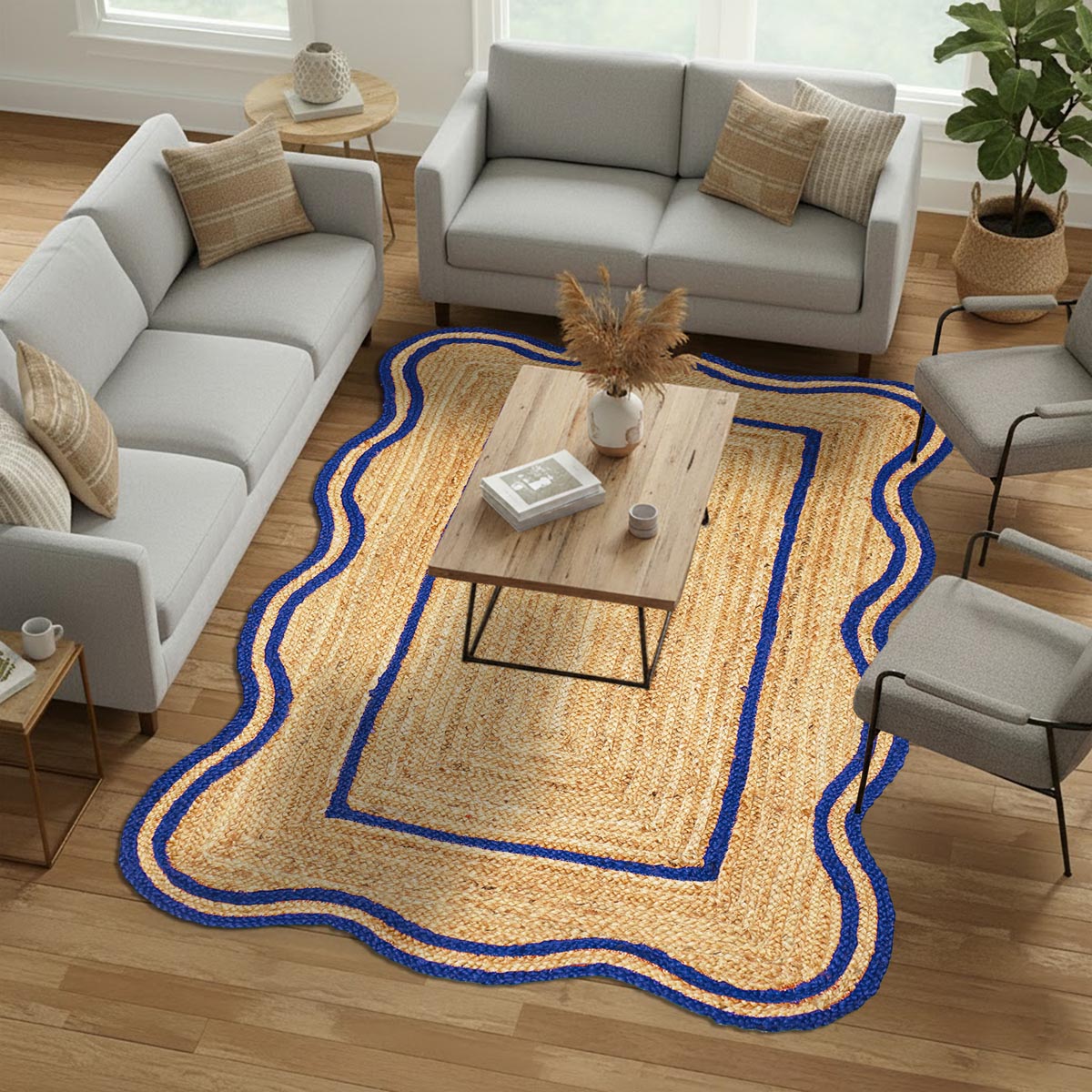 Scalloped Handwoven Blue Jute Rug Rustic Farmhouse Style Area Rug for Living Spaces - Image 2