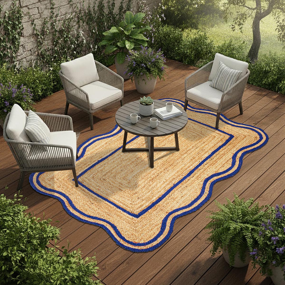 Scalloped Handwoven Blue Jute Rug Rustic Farmhouse Style Area Rug for Living Spaces - Image 5