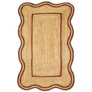 Eco-Friendly Hand Braided Brown Jute Area Rug Scalloped Farmhouse Living Room Carpet