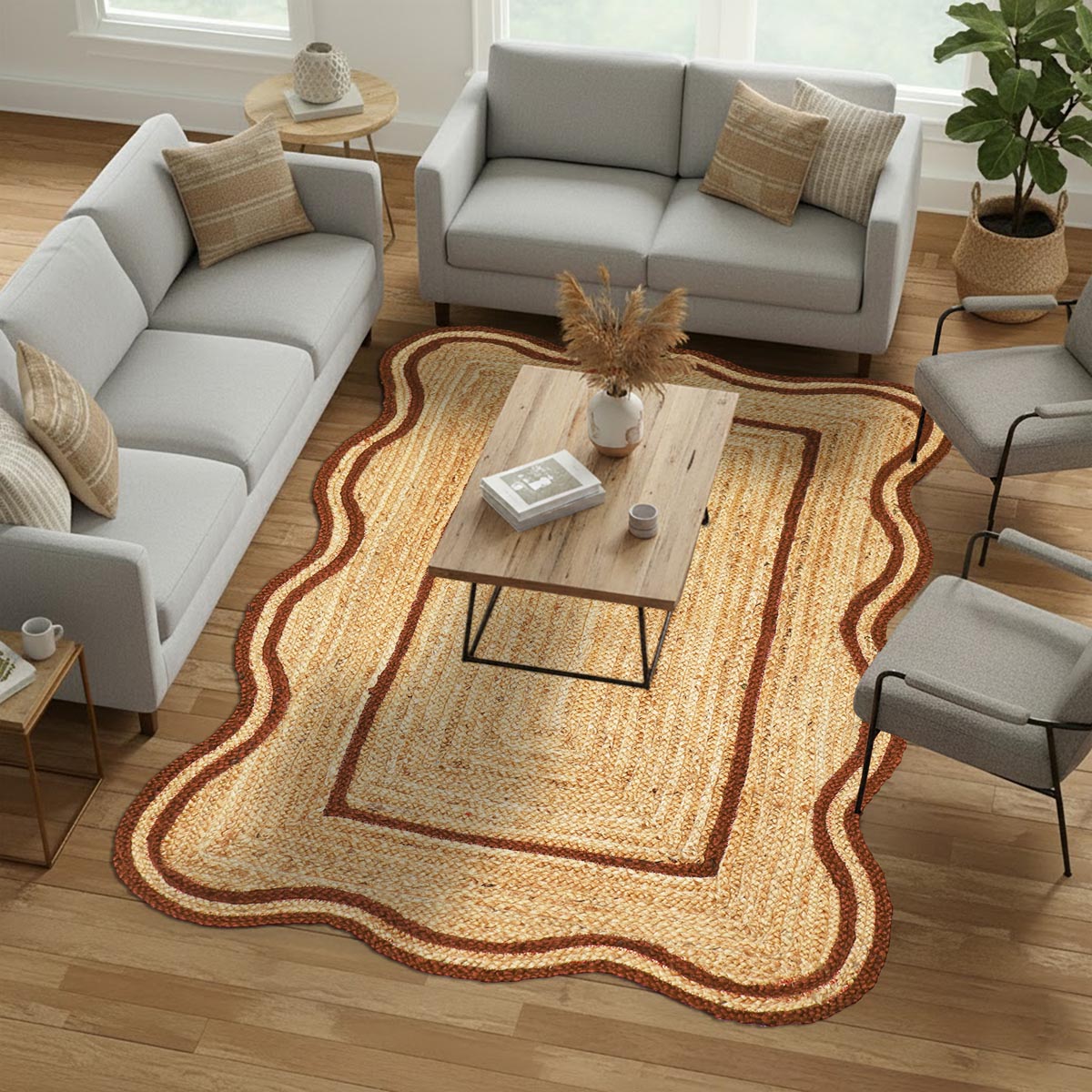 Eco-Friendly Hand Braided Brown Jute Area Rug Scalloped Farmhouse Living Room Carpet - Image 2