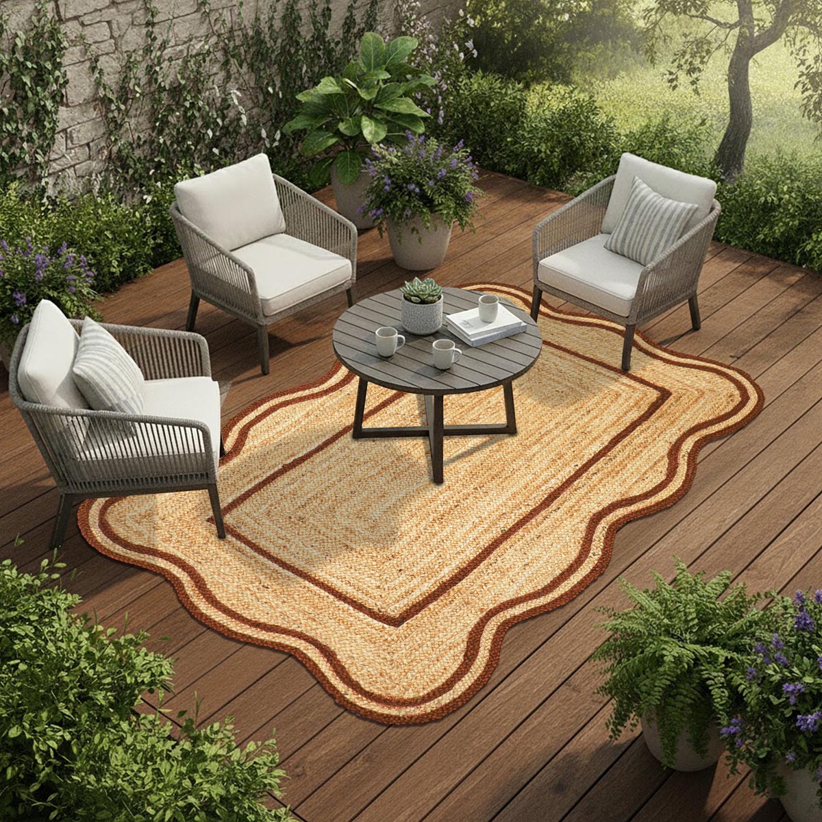 Eco-Friendly Hand Braided Brown Jute Area Rug Scalloped Farmhouse Living Room Carpet - Image 5