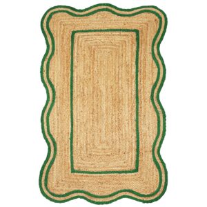Rustic Hand Braided Green Jute Rug with Scalloped Border Farmhouse Floor Décor