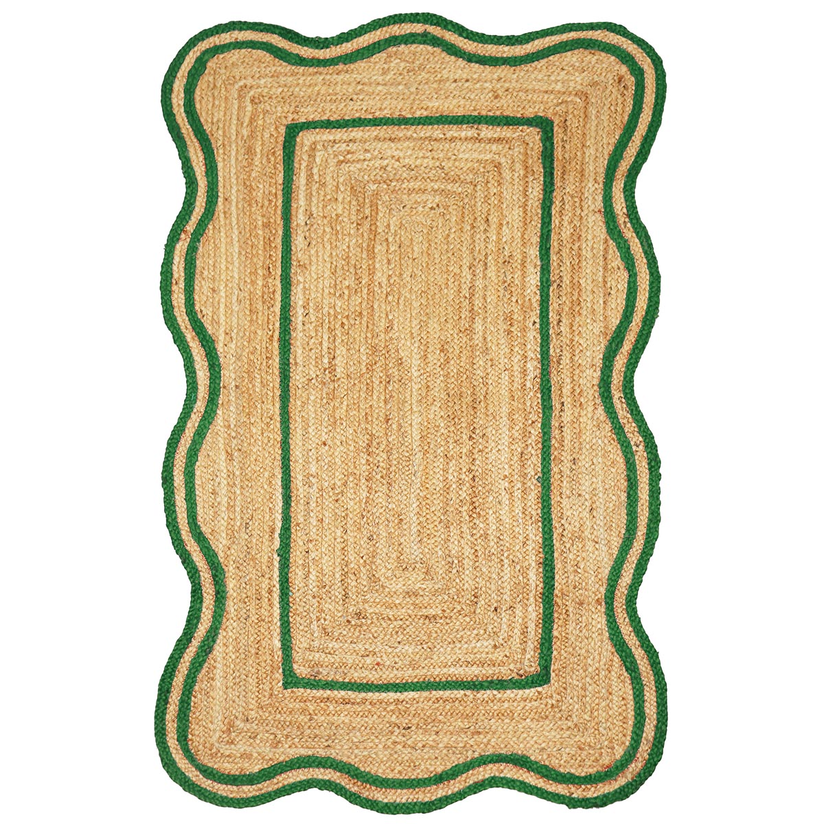 Rustic Hand Braided Green Jute Rug with Scalloped Border Farmhouse Floor Décor