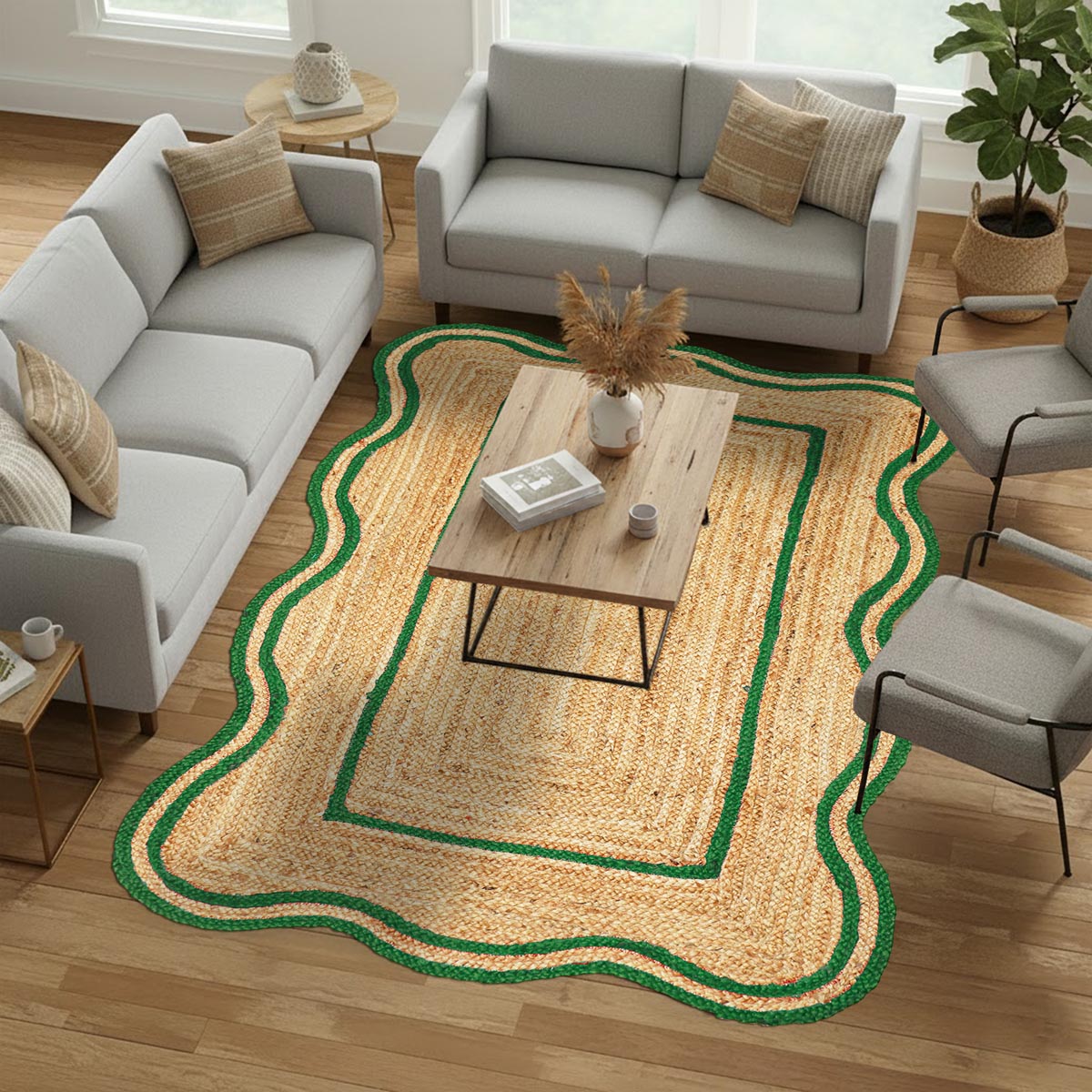 Rustic Hand Braided Green Jute Rug with Scalloped Border Farmhouse Floor Décor - Image 2