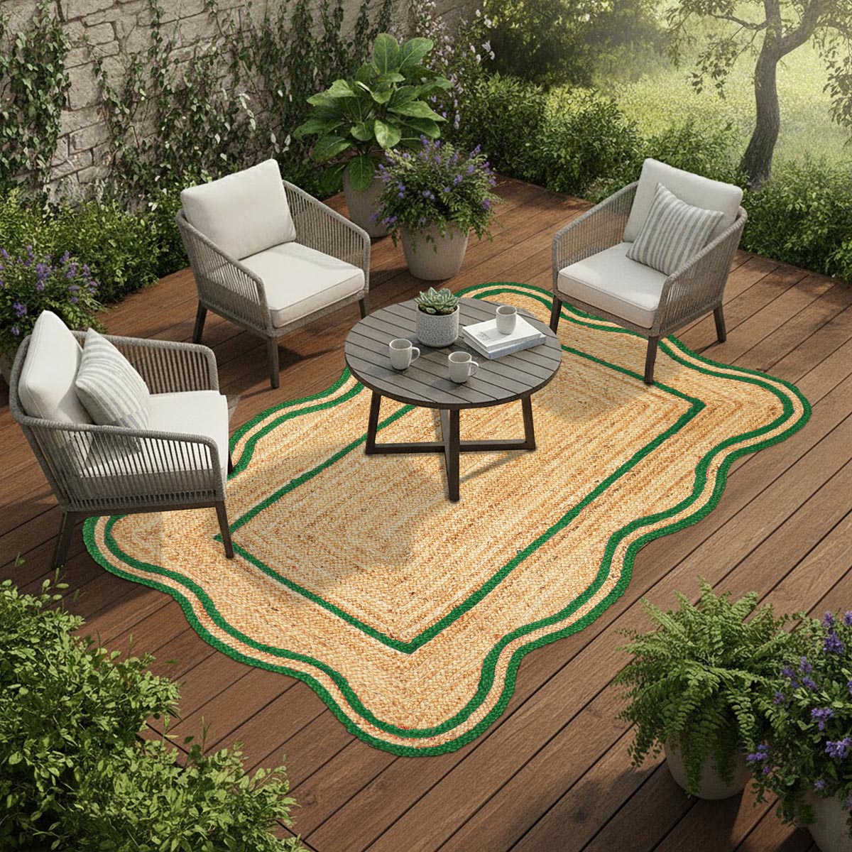 Rustic Hand Braided Green Jute Rug with Scalloped Border Farmhouse Floor Décor - Image 5