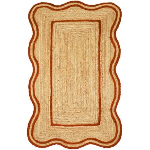 Handcrafted Orange Jute Rug Braided Scalloped Design for Farmhouse & Living Room Styling