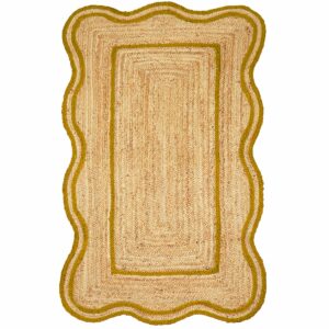Natural Fiber Hand Braided Yellow Jute Rug Scalloped Farmhouse Living Room Accent Rug