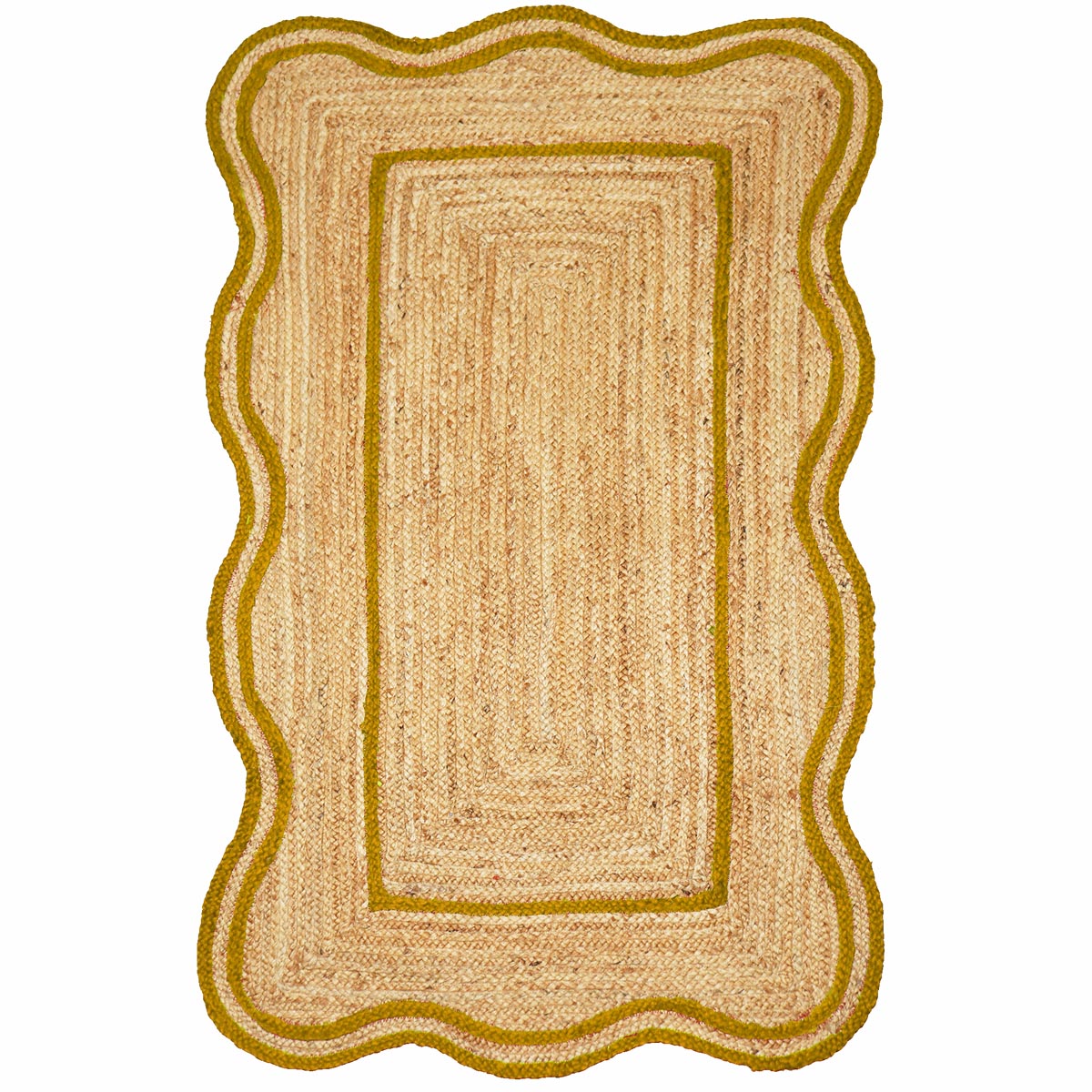 Natural Fiber Hand Braided Yellow Jute Rug Scalloped Farmhouse Living Room Accent Rug