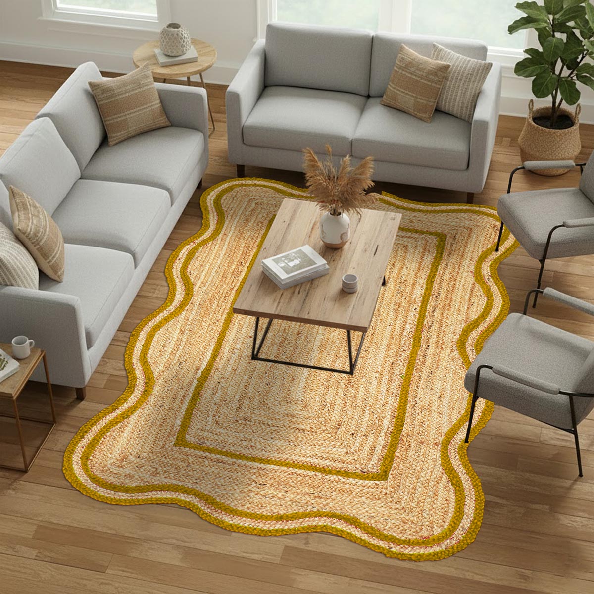 Natural Fiber Hand Braided Yellow Jute Rug Scalloped Farmhouse Living Room Accent Rug - Image 2