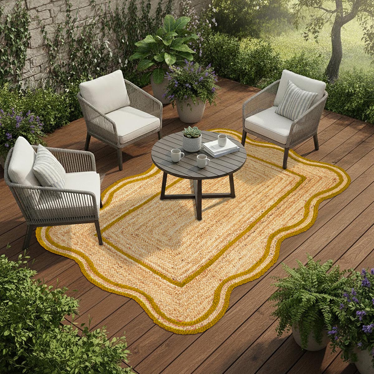 Natural Fiber Hand Braided Yellow Jute Rug Scalloped Farmhouse Living Room Accent Rug - Image 5