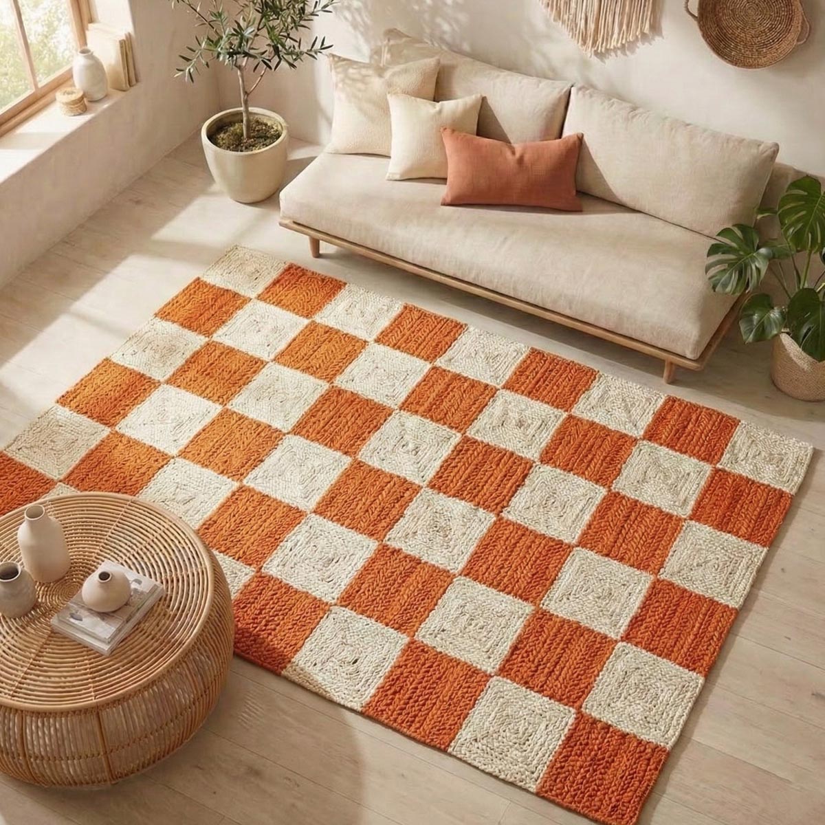 Handwoven Orange Jute Hemp Checkered Rug Eco-Friendly Boho Farmhouse Carpet - Image 2