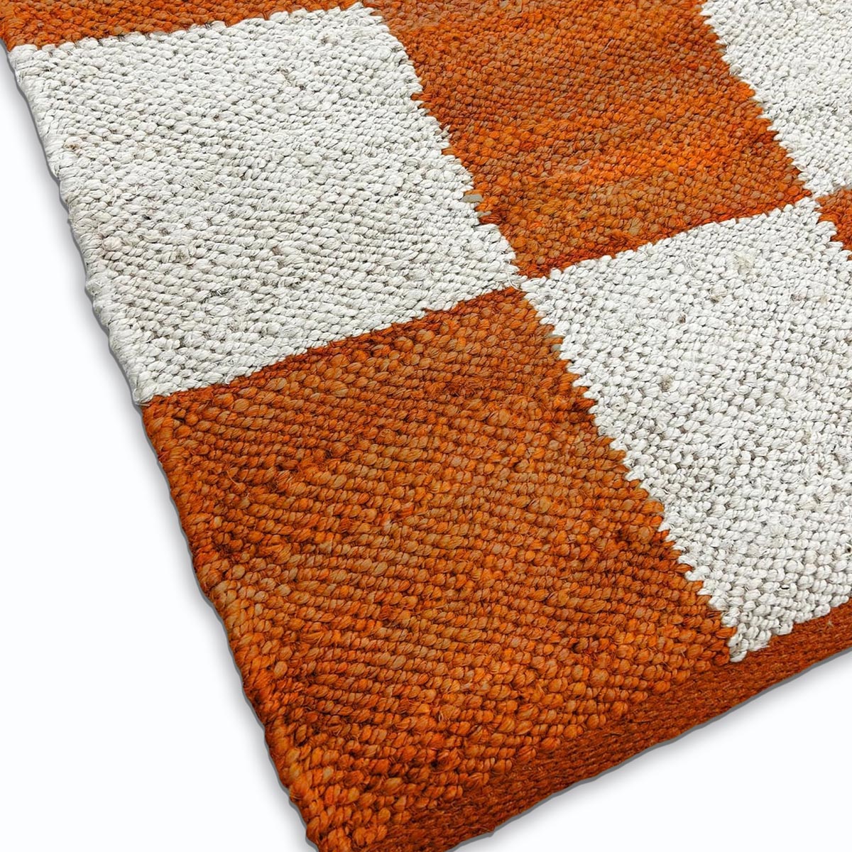 Handwoven Orange Jute Hemp Checkered Rug Eco-Friendly Boho Farmhouse Carpet - Image 3