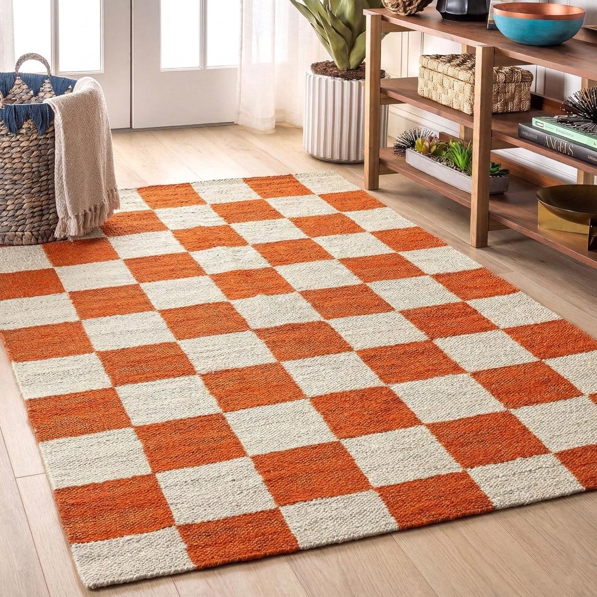 Handwoven Orange Jute Hemp Checkered Rug Eco-Friendly Boho Farmhouse Carpet - Image 5