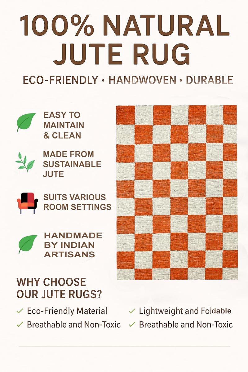 Handwoven Orange Jute Hemp Checkered Rug Eco-Friendly Boho Farmhouse Carpet - Image 6