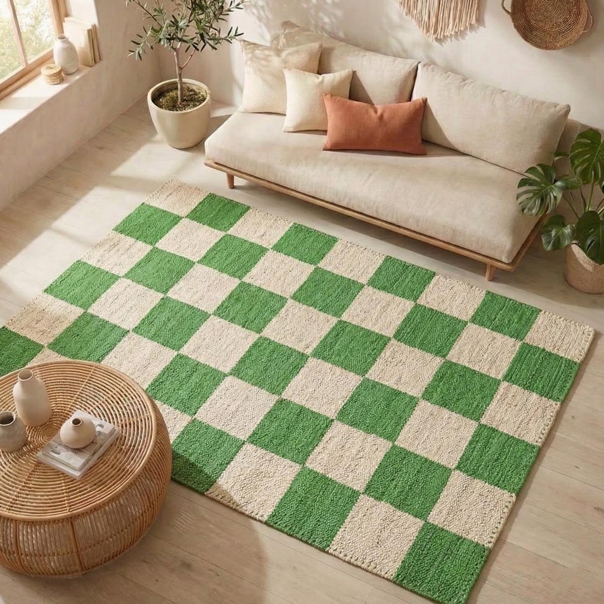 Green Checkered Jute Hemp Rug Handwoven Boho Eco-Friendly Décor - Image 2