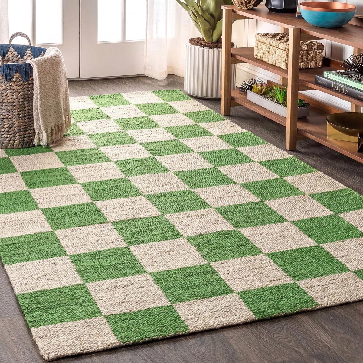 Green Checkered Jute Hemp Rug Handwoven Boho Eco-Friendly Décor - Image 5