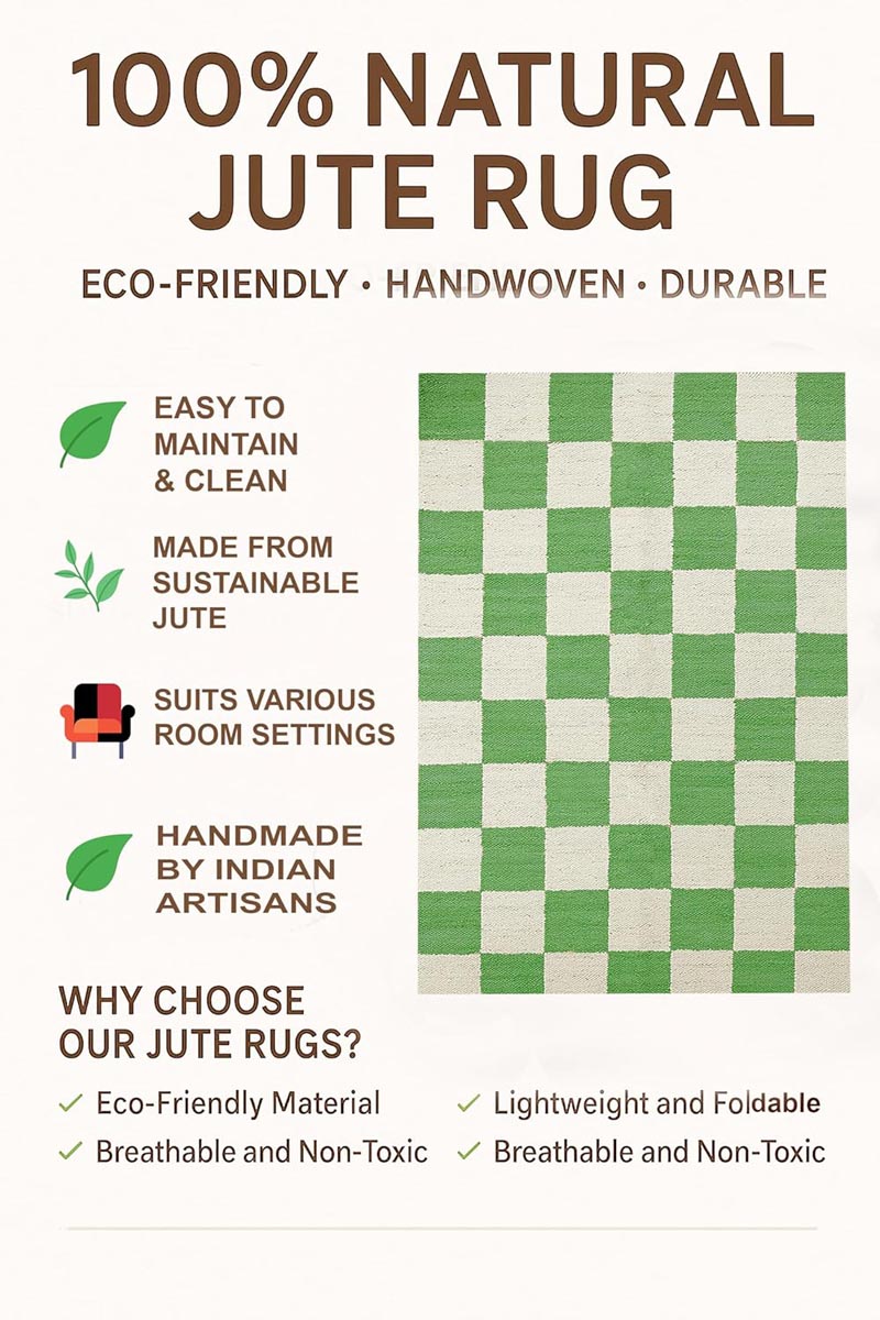 Green Checkered Jute Hemp Rug Handwoven Boho Eco-Friendly Décor - Image 6