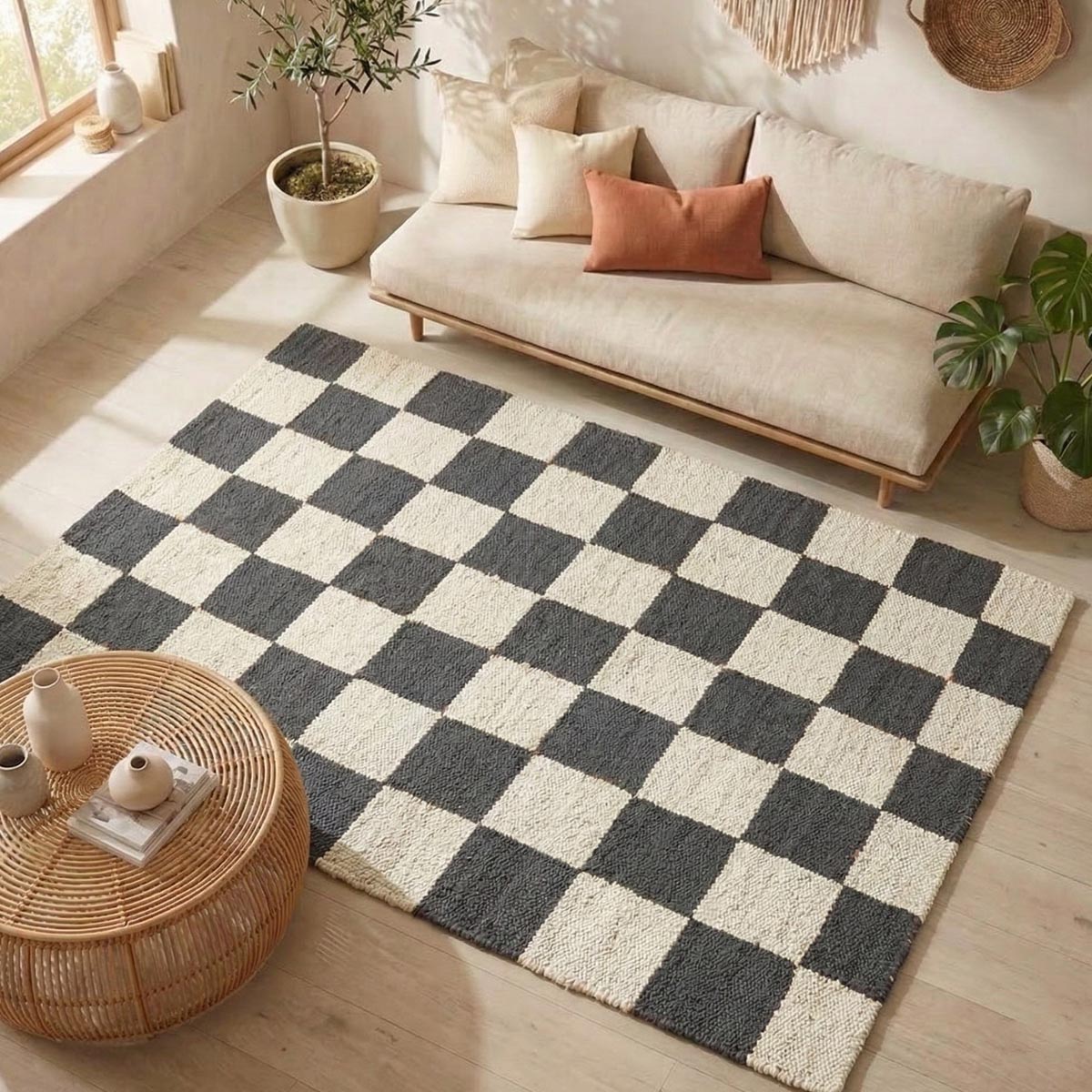 Gray Checkered Jute Hemp Rug Handwoven, Eco-Friendly Boho Farmhouse Décor - Image 2