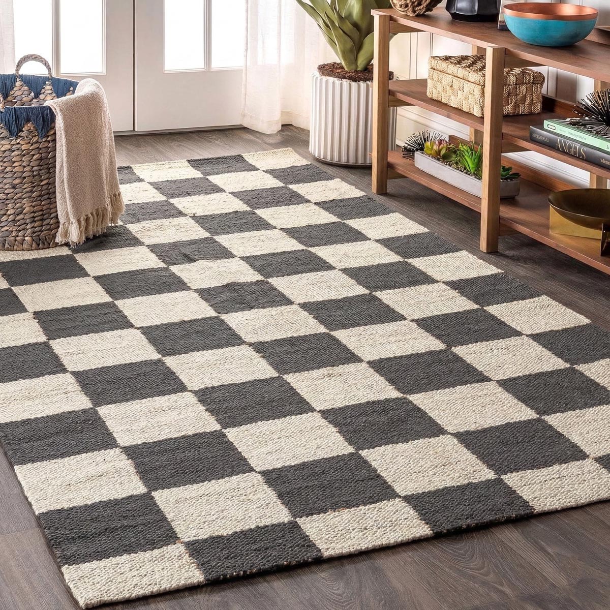Gray Checkered Jute Hemp Rug Handwoven, Eco-Friendly Boho Farmhouse Décor - Image 5