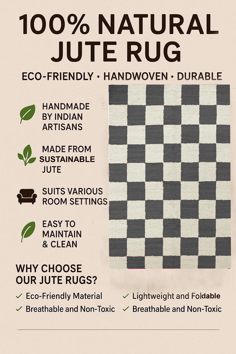 Gray Checkered Jute Hemp Rug Handwoven, Eco-Friendly Boho Farmhouse Décor - Image 6