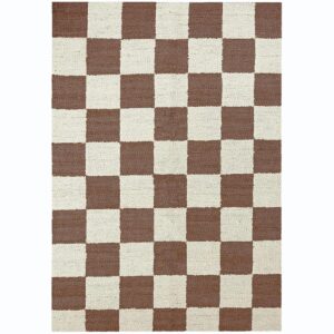 Brown Checkered Jute Hemp Area Rug Handwoven Eco-Friendly Carpet, Boho Farmhouse Décor