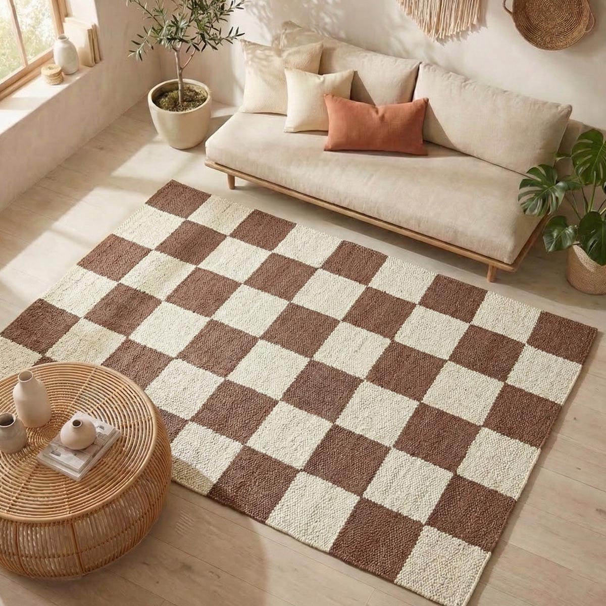 Brown Checkered Jute Hemp Area Rug Handwoven Eco-Friendly Carpet, Boho Farmhouse Décor - Image 2