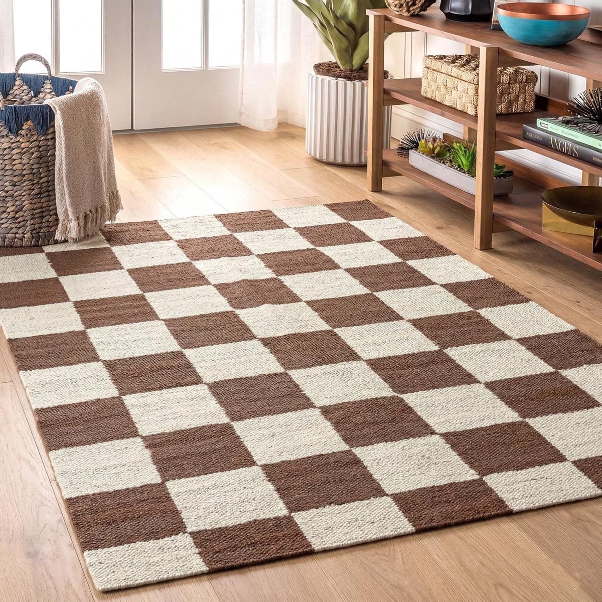 Brown Checkered Jute Hemp Area Rug Handwoven Eco-Friendly Carpet, Boho Farmhouse Décor - Image 5