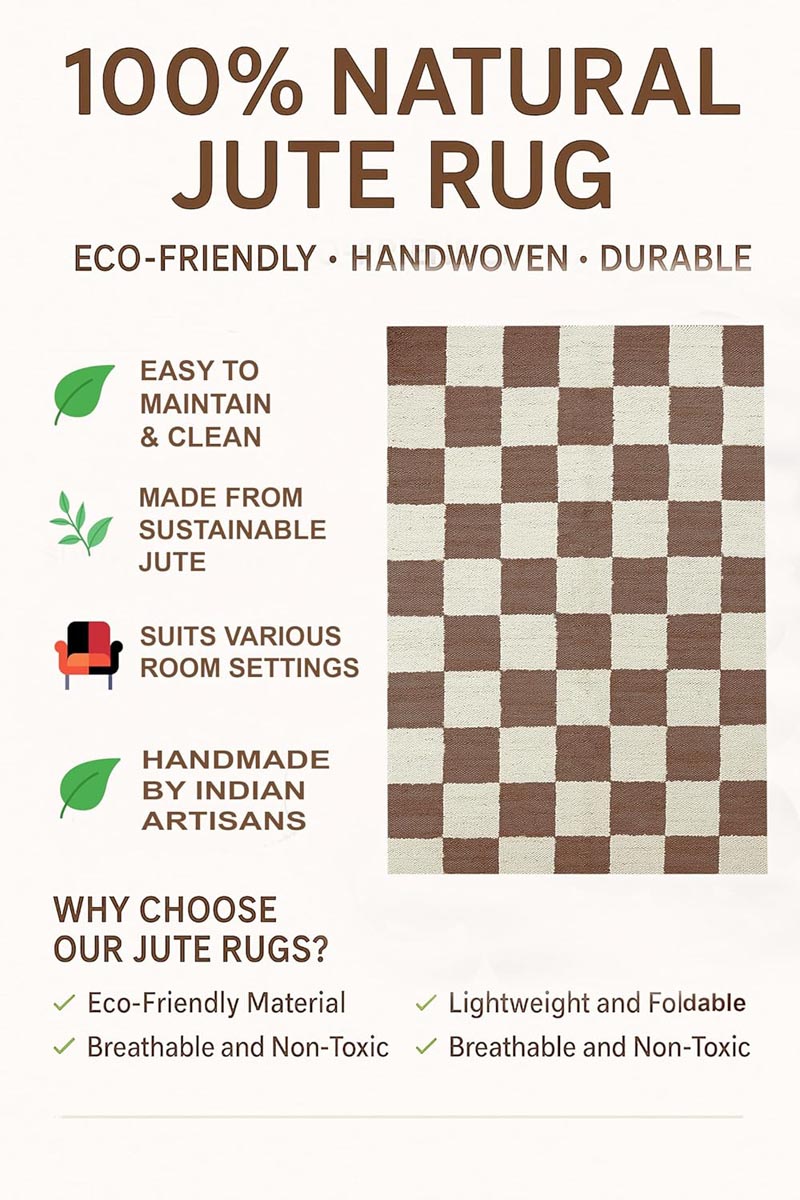 Brown Checkered Jute Hemp Area Rug Handwoven Eco-Friendly Carpet, Boho Farmhouse Décor - Image 6