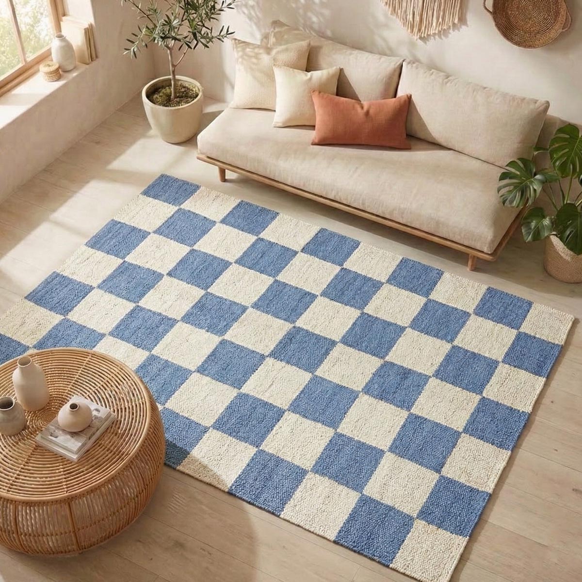 Handwoven Blue Checkered Jute Hemp Rug Eco-Friendly Boho Farmhouse Carpet - Image 2
