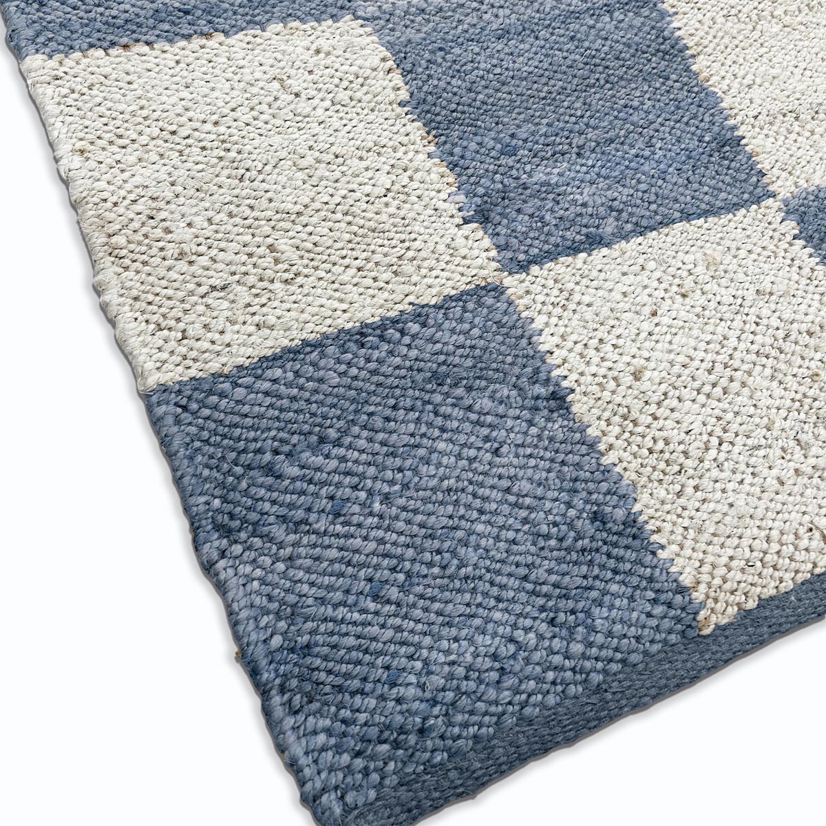 Handwoven Blue Checkered Jute Hemp Rug Eco-Friendly Boho Farmhouse Carpet - Image 3