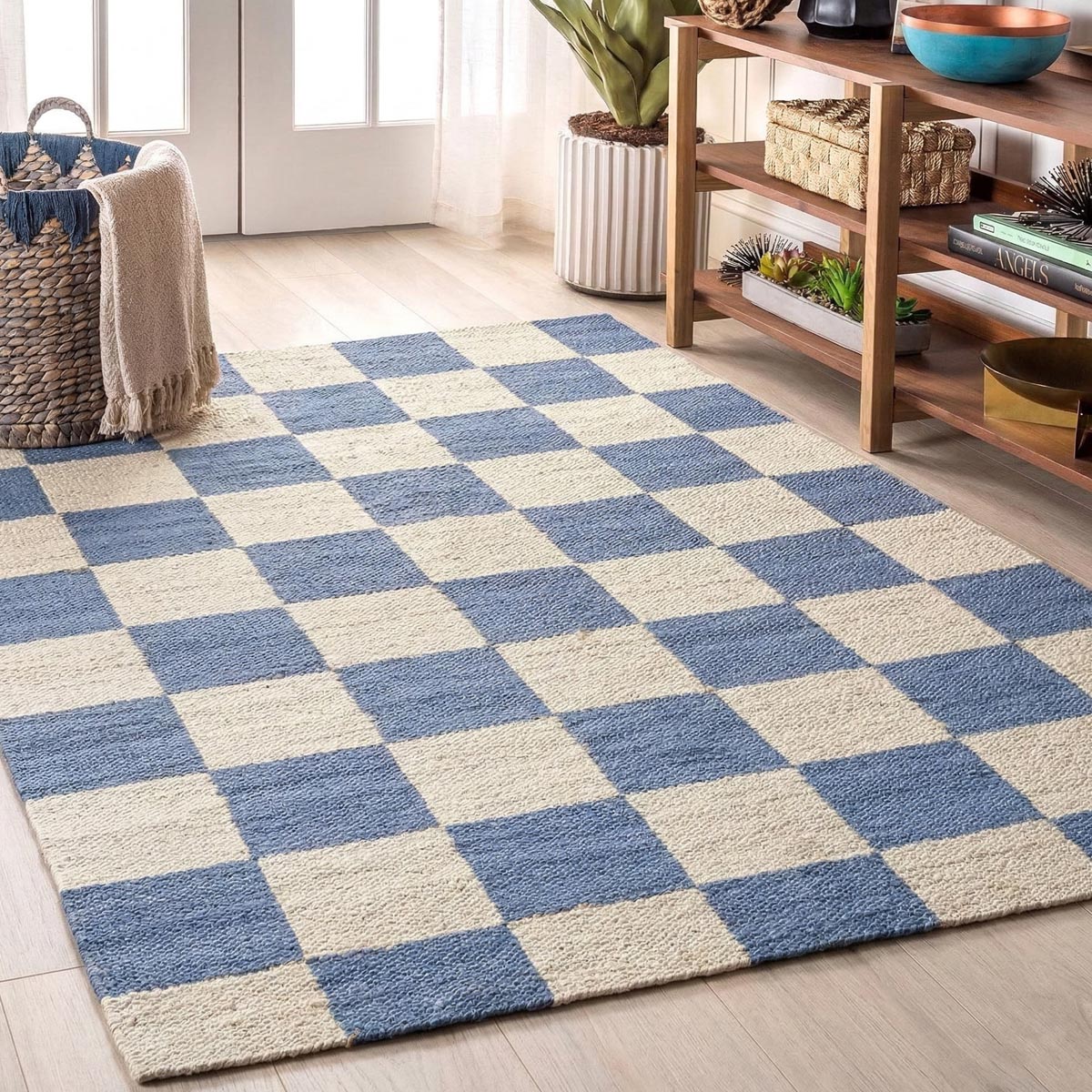 Handwoven Blue Checkered Jute Hemp Rug Eco-Friendly Boho Farmhouse Carpet - Image 5