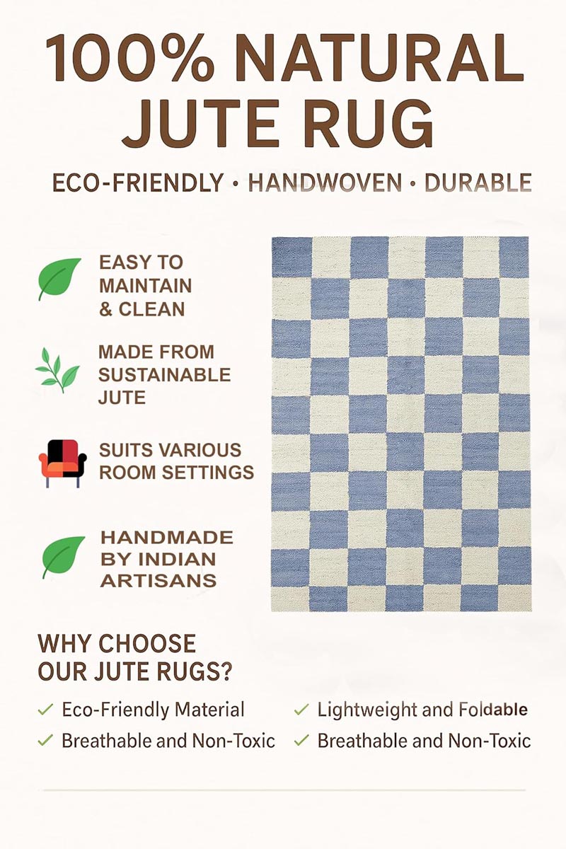 Handwoven Blue Checkered Jute Hemp Rug Eco-Friendly Boho Farmhouse Carpet - Image 6