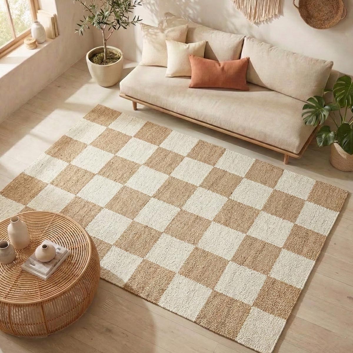 Handwoven Beige Checkered Jute Hemp Rug Eco-Friendly Boho Farmhouse Carpet - Image 2