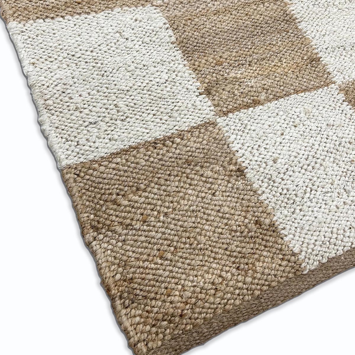 Handwoven Beige Checkered Jute Hemp Rug Eco-Friendly Boho Farmhouse Carpet - Image 3
