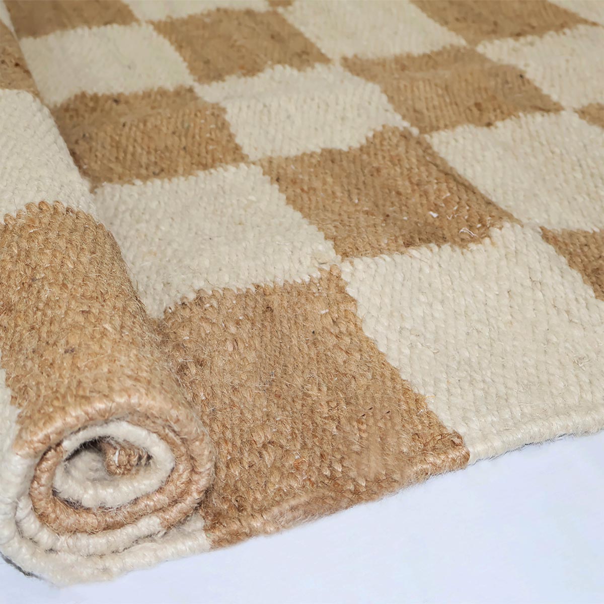 Handwoven Beige Checkered Jute Hemp Rug Eco-Friendly Boho Farmhouse Carpet - Image 4