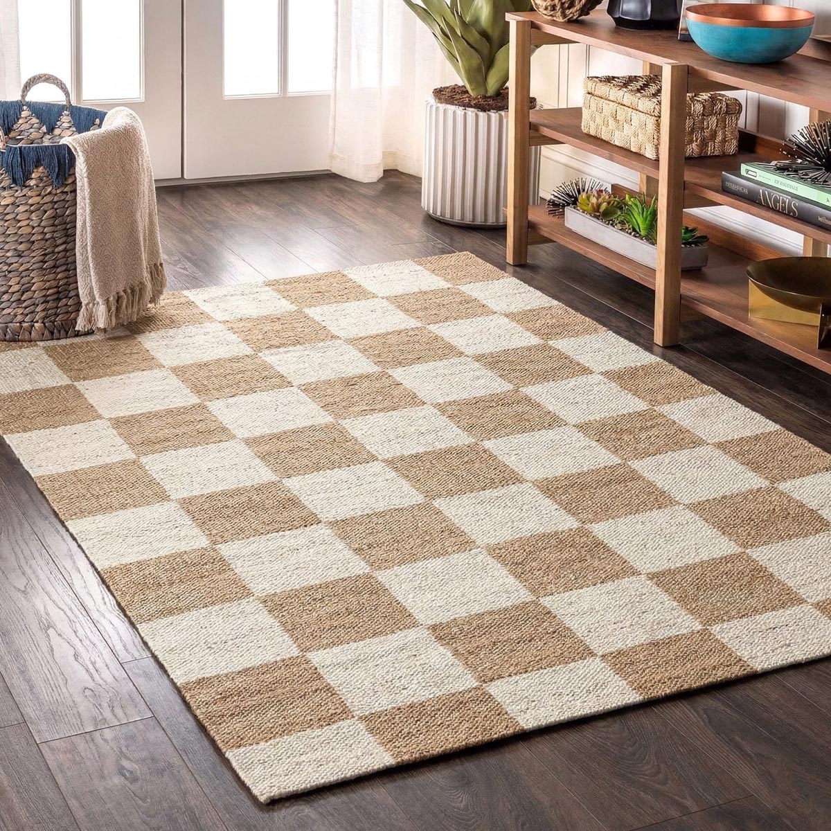 Handwoven Beige Checkered Jute Hemp Rug Eco-Friendly Boho Farmhouse Carpet - Image 5