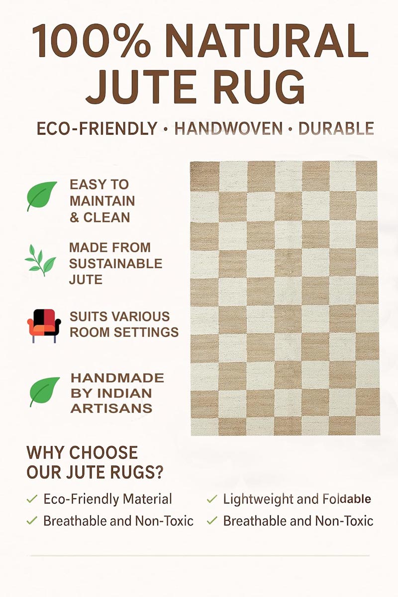 Handwoven Beige Checkered Jute Hemp Rug Eco-Friendly Boho Farmhouse Carpet - Image 6