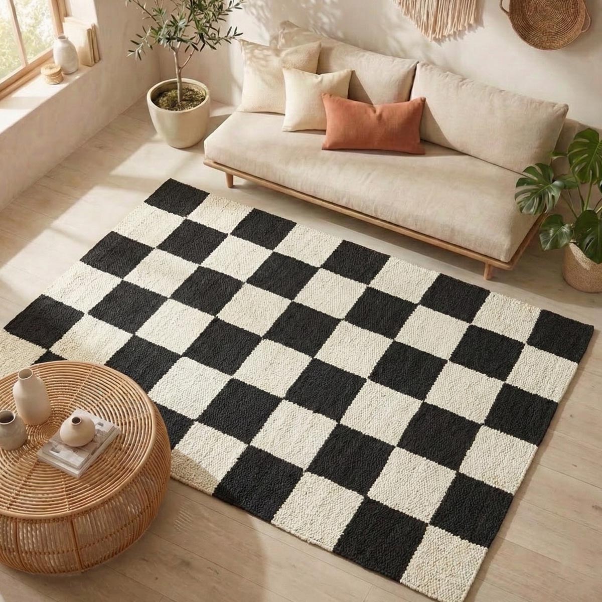 Black Checkered Jute Hemp Rug Handwoven Boho Farmhouse Carpet - Image 2
