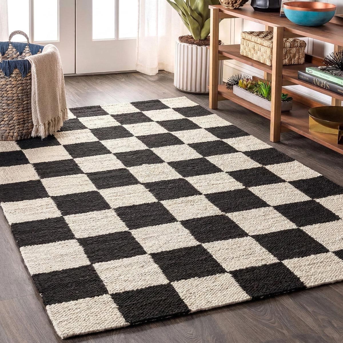 Black Checkered Jute Hemp Rug Handwoven Boho Farmhouse Carpet - Image 5