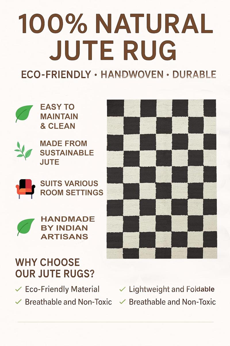 Black Checkered Jute Hemp Rug Handwoven Boho Farmhouse Carpet - Image 6