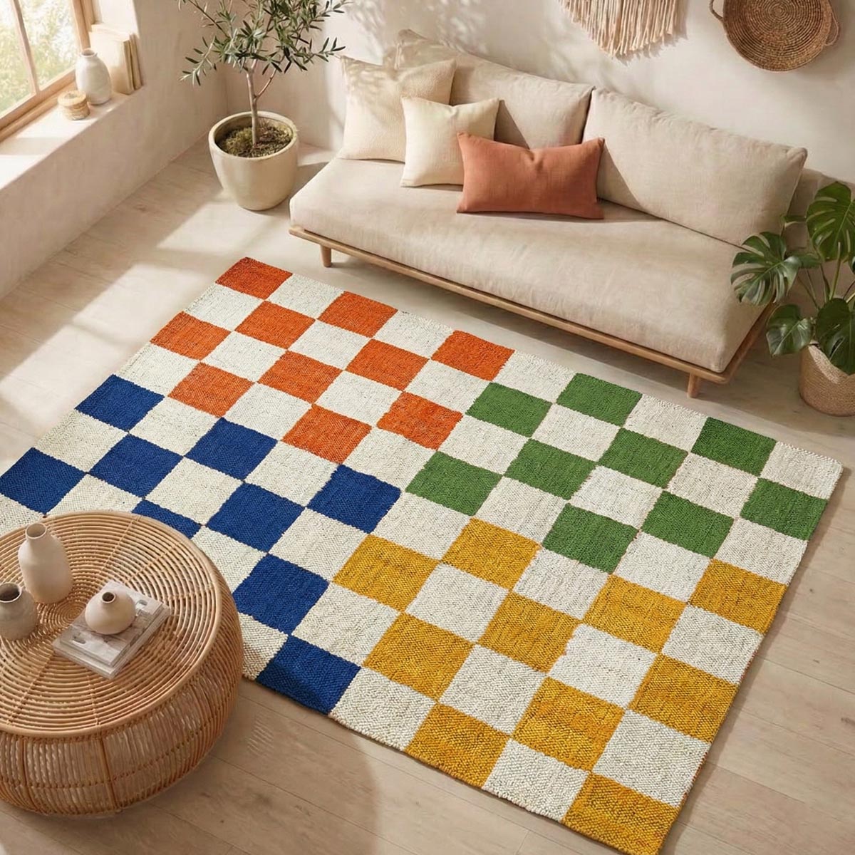 Handwoven Multicolor Checkered Jute Hemp Area Rug Boho Farmhouse Carpet - Image 2