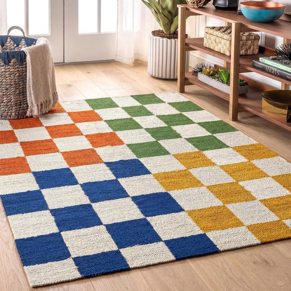Handwoven Multicolor Checkered Jute Hemp Area Rug Boho Farmhouse Carpet - Image 5