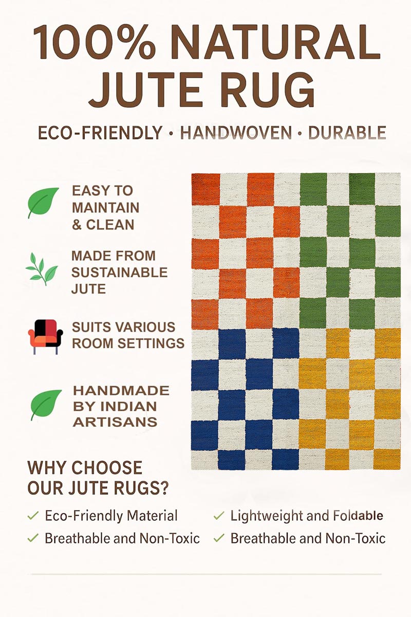Handwoven Multicolor Checkered Jute Hemp Area Rug Boho Farmhouse Carpet - Image 6